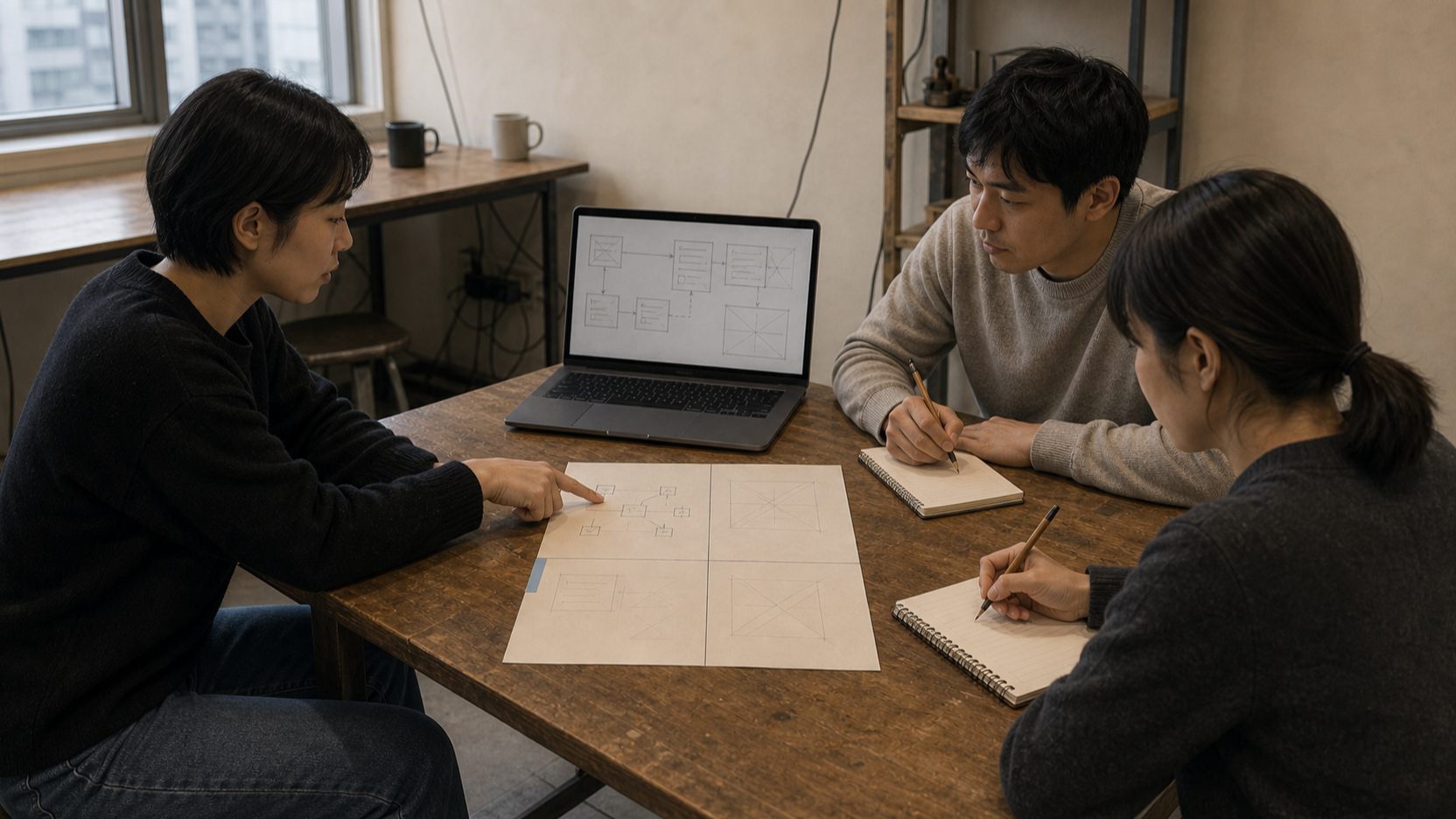 세 사람이 실제 화면과 질문 시트를 중심으로 대화하는 Coffee Chat