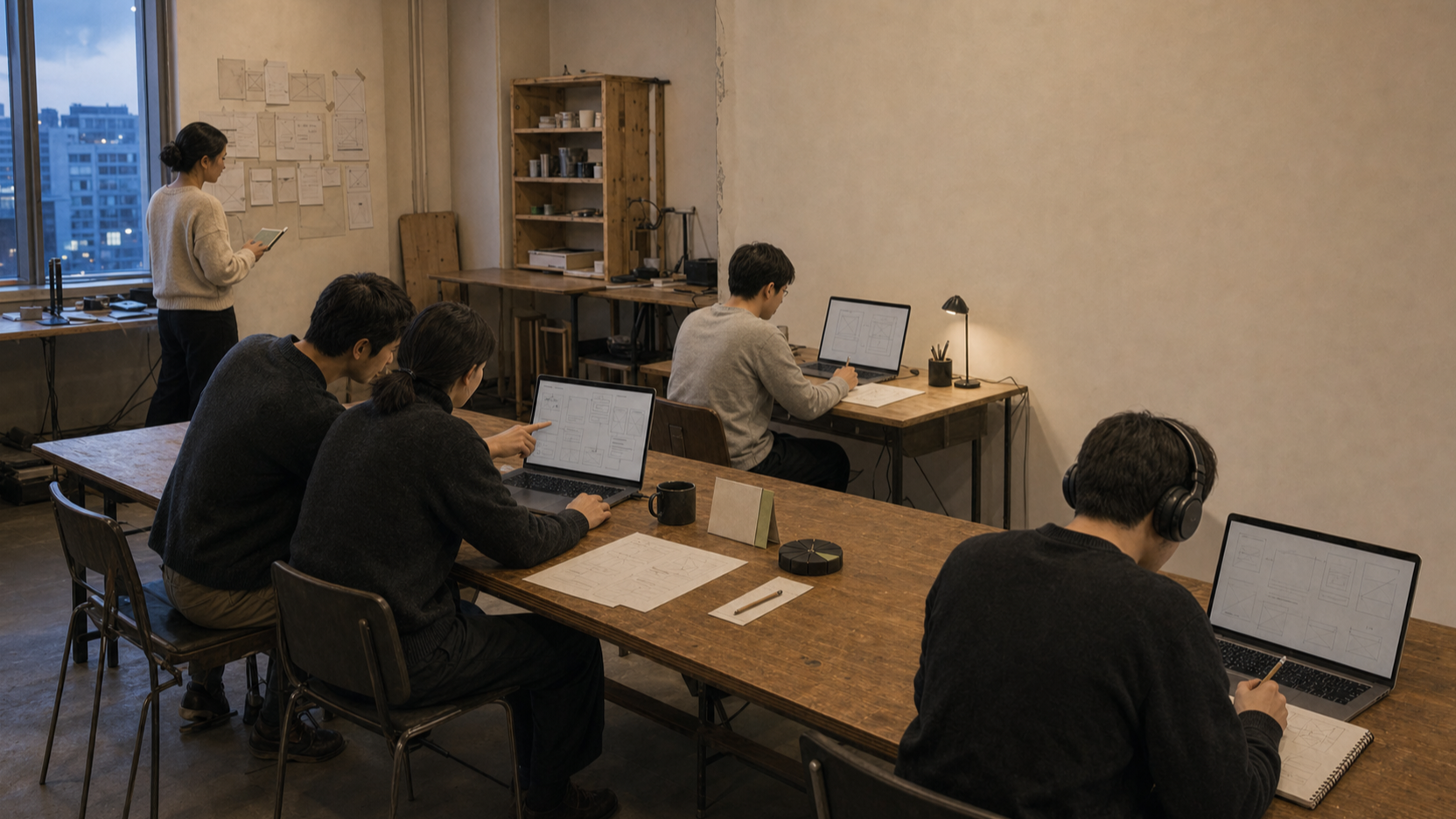 작은 스튜디오에서 각자 작업하며 두 사람만 잠깐 화면을 보는 장면